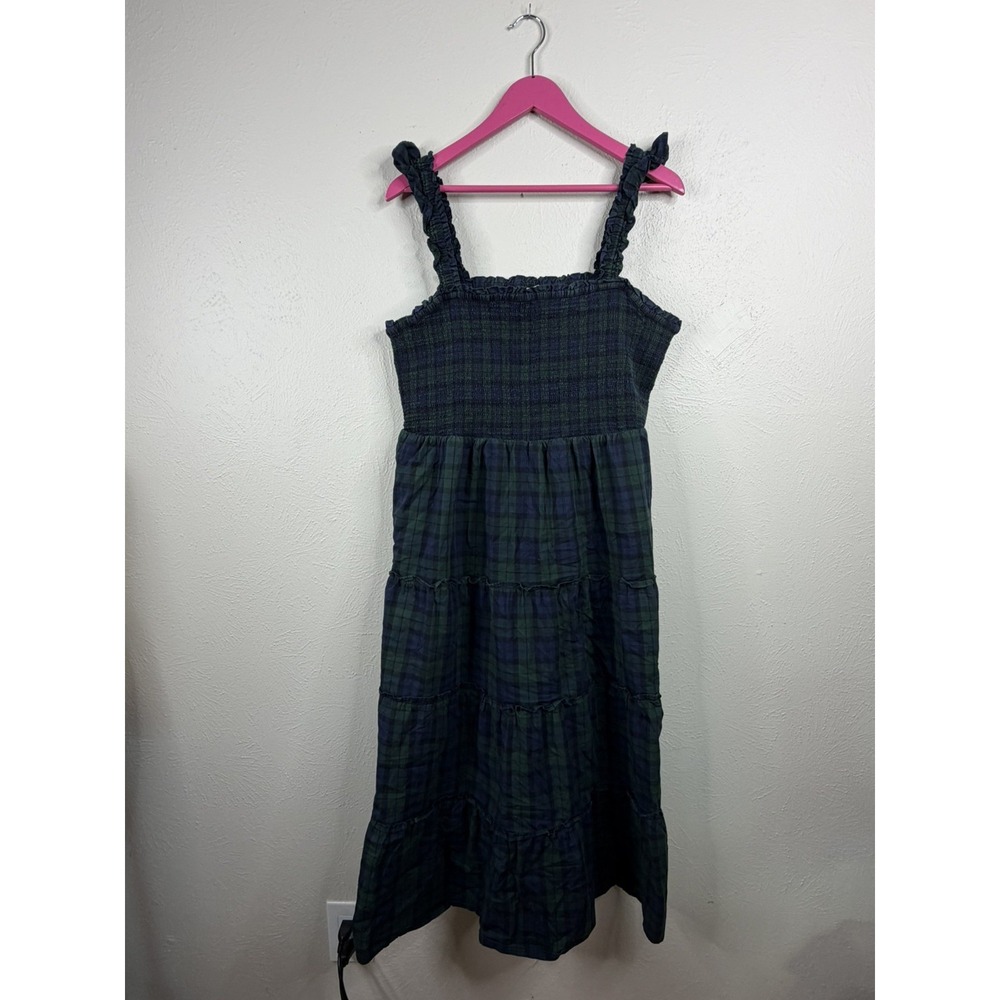 J.Crew Green Holiday Blue Tartan Plaid Smocked Tiered Midi Cotton Dress XL